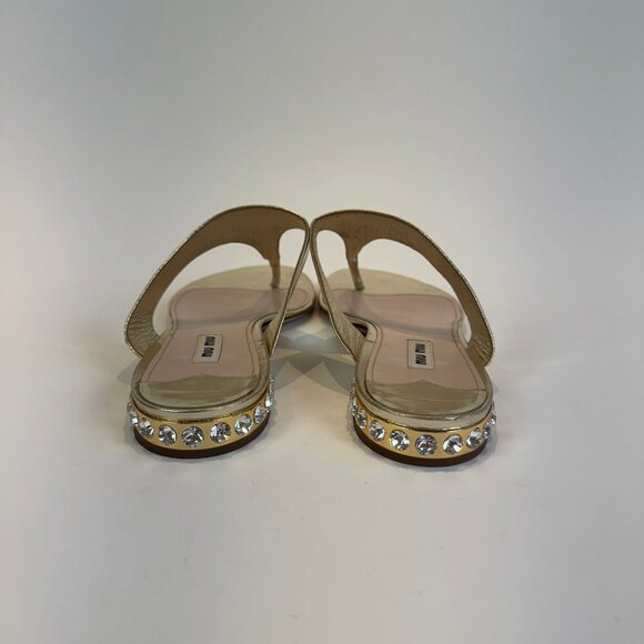 Miu Miu Metallic Gold Sandals with Rhinestone Heel Design, Size 41 EU - Picture 4 of 16